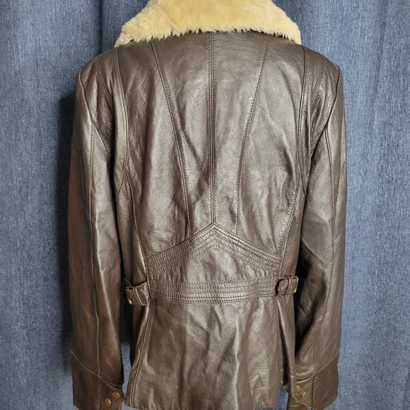 A.N.A. a.n.a Brown Leather Genuine Lambskin Jacket Faux Fur Collar Womens L Moto - Picture 6 of 13